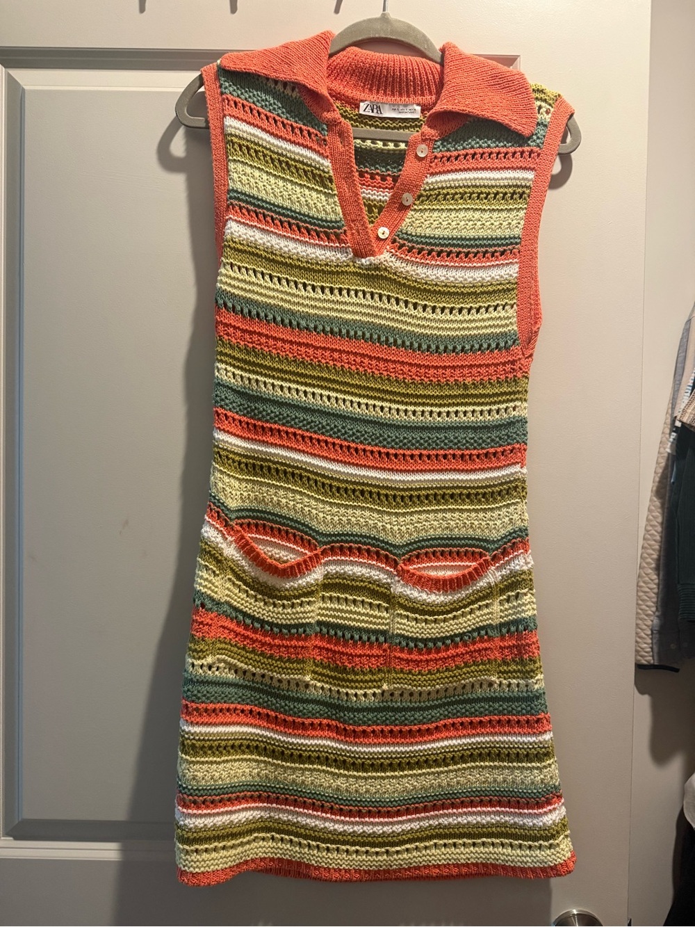 Zara Striped Crochet Polo Mini Dress in Coral, Olive & Cream